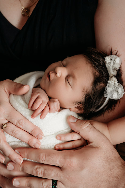 Family holding a newborn baby in studio pittsburgh photography session